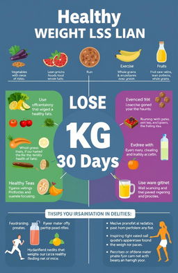 A visually engaging infographic representing a healthy weight loss plan featuring a balanced diet and exercise routine to lose 10 kg in 30 days
