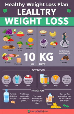 A visually engaging infographic representing a healthy weight loss plan featuring a balanced diet and exercise routine to lose 10 kg in 30 days