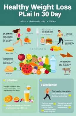 A visually engaging infographic representing a healthy weight loss plan featuring a balanced diet and exercise routine to lose 10 kg in 30 days