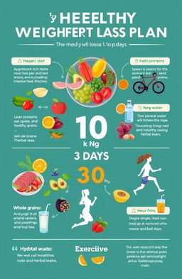A visually engaging infographic representing a healthy weight loss plan featuring a balanced diet and exercise routine to lose 10 kg in 30 days