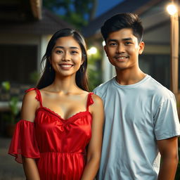 A beautiful Indonesian woman, aged 30, with large breasts, wearing a vibrant red nightgown