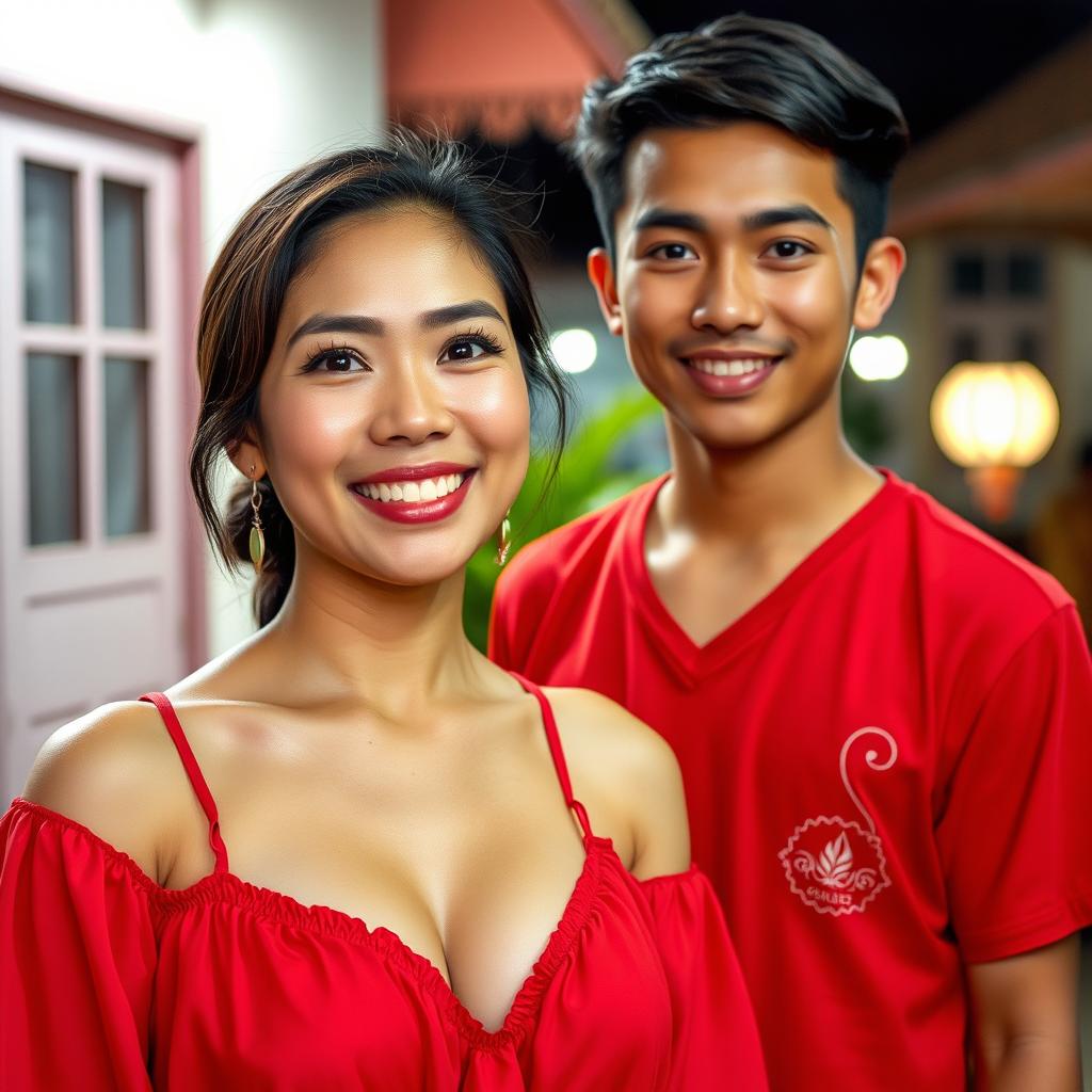 A beautiful Indonesian woman, aged 30, with large breasts, wearing a vibrant red nightgown