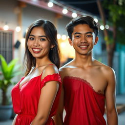 A beautiful Indonesian woman, aged 30, with large breasts, wearing a vibrant red nightgown