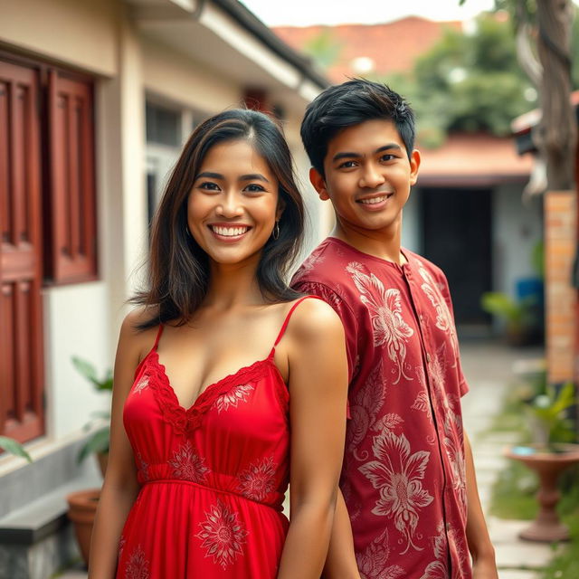 A beautiful Indonesian woman, aged 30, with large breasts, wearing a vibrant red nightgown