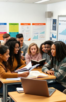 A group of diverse university students studying finance in a modern classroom