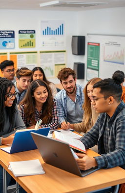 A group of diverse university students studying finance in a modern classroom