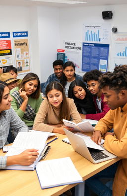 A group of diverse university students studying finance in a modern classroom