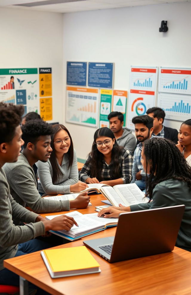 A group of diverse university students studying finance in a modern classroom