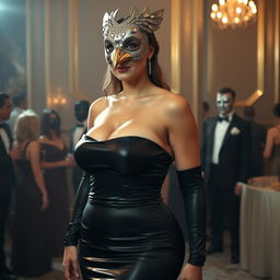 A tall and graceful woman at a masquerade, wearing a gleaming silver mask shaped like a bird of prey