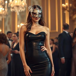 A tall and graceful woman at a masquerade, wearing a gleaming silver mask shaped like a bird of prey
