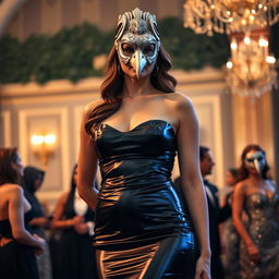 A tall and graceful woman at a masquerade, wearing a gleaming silver mask shaped like a bird of prey