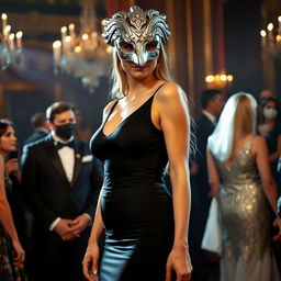 A tall and graceful woman at a masquerade, adorned in a gleaming silver mask shaped like a bird of prey