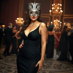 A tall and graceful woman at a masquerade, adorned in a gleaming silver mask shaped like a bird of prey