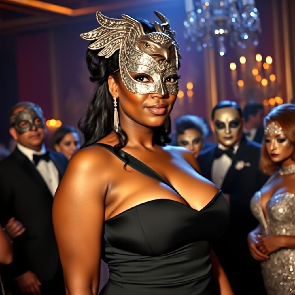 A tall and graceful woman of Afro-Latina complexion at a masquerade, adorned with a gleaming silver mask shaped like a bird of prey