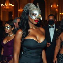 A tall and graceful woman of Afro-Latina complexion at a masquerade, adorned with a gleaming silver mask shaped like a bird of prey