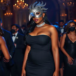 A tall and graceful woman of Afro-Latina complexion at a masquerade, adorned with a gleaming silver mask shaped like a bird of prey