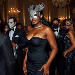 A tall and graceful woman of Afro-Latina complexion at a masquerade, adorned with a gleaming silver mask shaped like a bird of prey