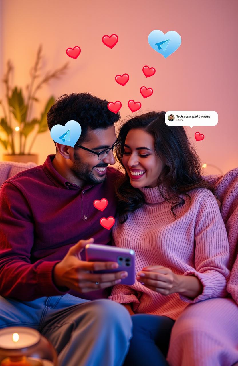 A romantic couple deeply engrossed in a lively conversation on a Telegram chat, with hearts and love emojis popping up on the screen