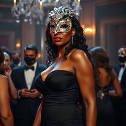 A tall woman with Afro-Latina complexion at a masquerade, exuding grace and elegance