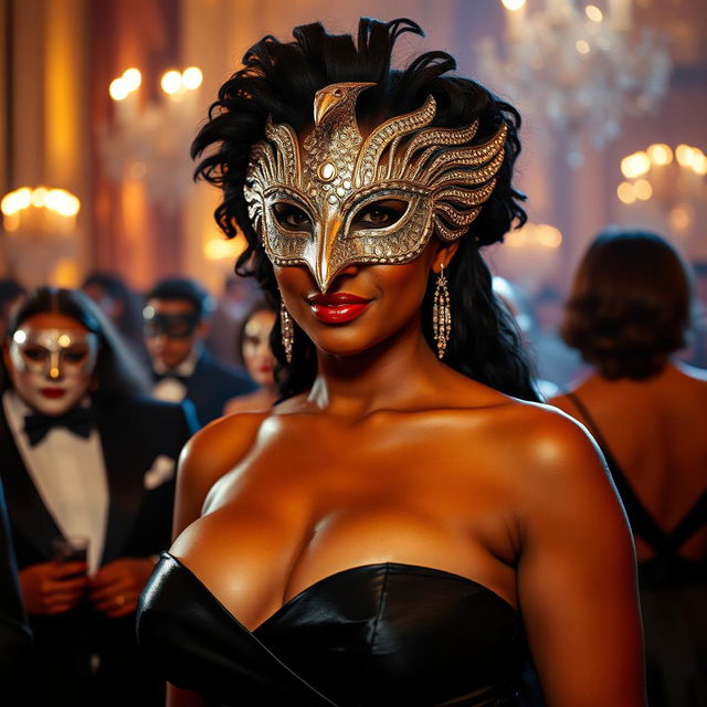 A tall woman with Afro-Latina complexion at a masquerade, exuding grace and elegance