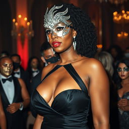 A tall woman with Afro-Latina complexion at a masquerade, exuding grace and elegance