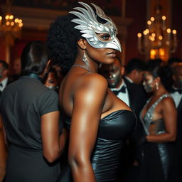 A tall and graceful woman of Afro-Latina complexion at a masquerade, positioned in a side profile view