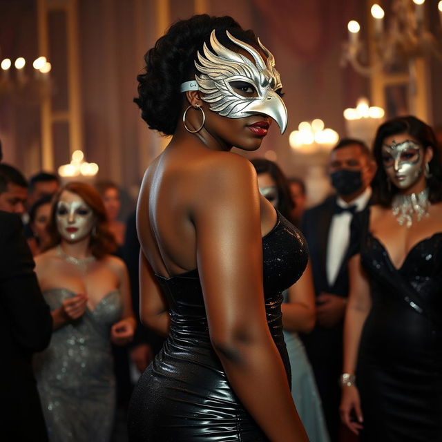A tall and graceful woman of Afro-Latina complexion at a masquerade, positioned in a side profile view