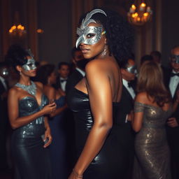 A tall and graceful woman of Afro-Latina complexion at a masquerade, positioned in a side profile view