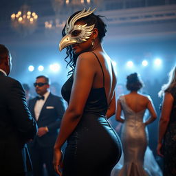 A tall and graceful woman of Afro-Latina complexion at a masquerade, positioned in a side profile view