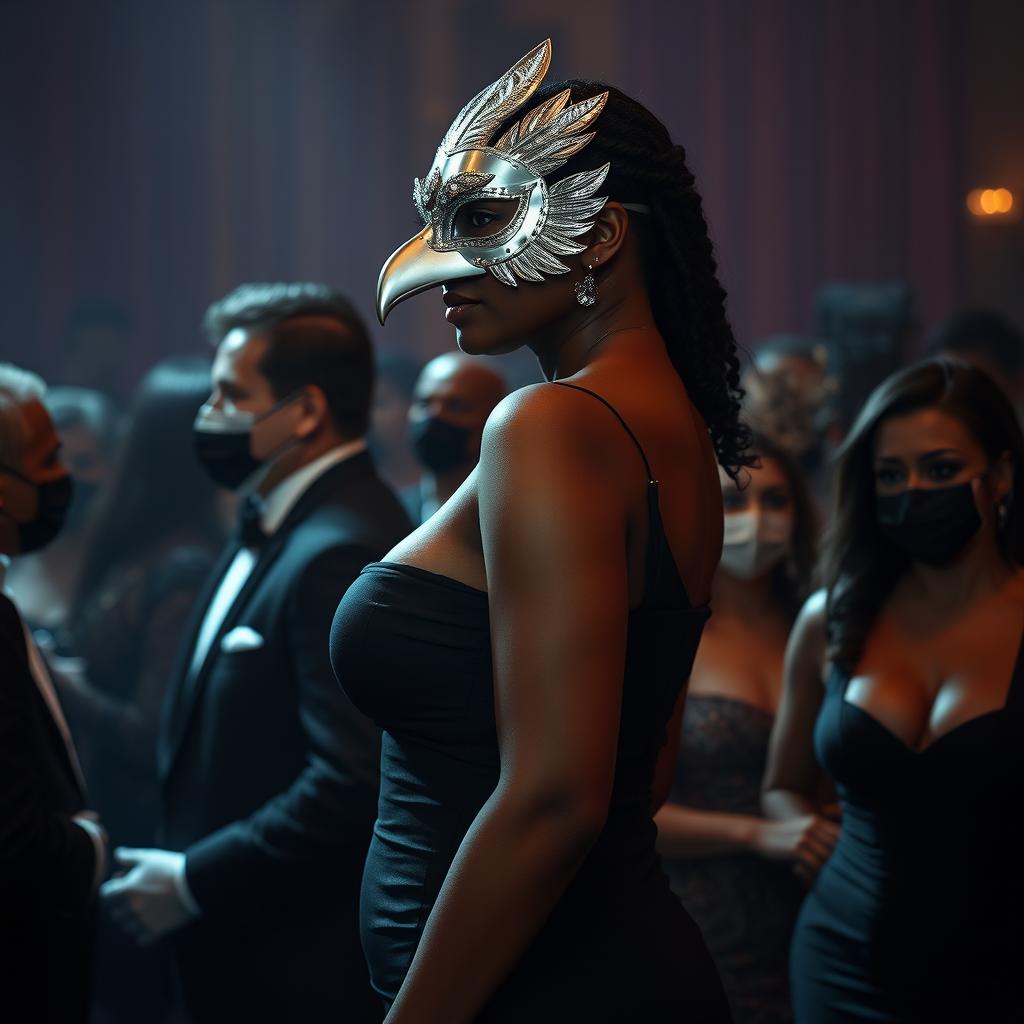 A tall and graceful woman of Afro-Latina complexion attending a masquerade, captured in a side profile view