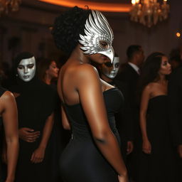 A tall and graceful woman of Afro-Latina complexion attending a masquerade, captured in a side profile view
