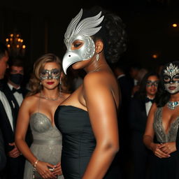 A tall and graceful woman of Afro-Latina complexion attending a masquerade, captured in a side profile view
