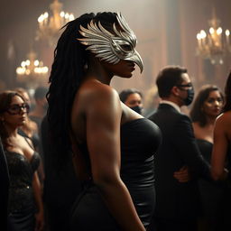 A tall and graceful woman of Afro-Latina complexion attending a masquerade, captured in a side profile view