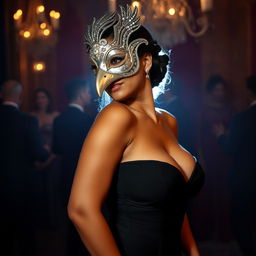 A tall woman with a Mixed-Latina complexion at a masquerade, standing at 6'1" and exuding grace