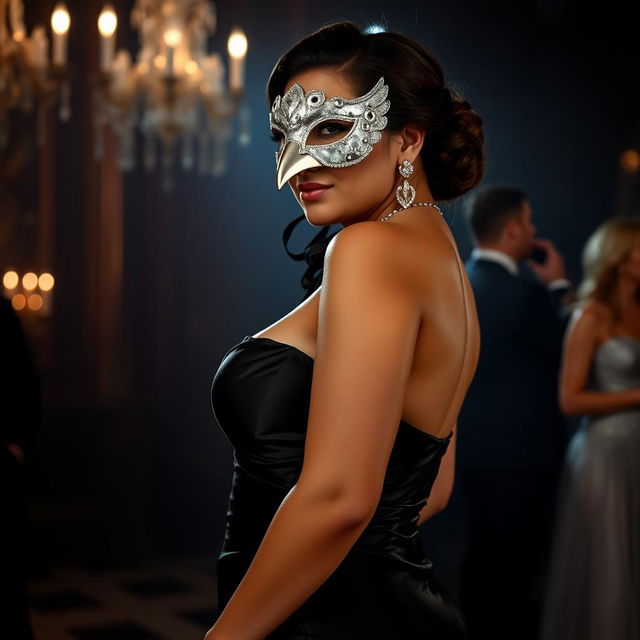A tall woman with a Mixed-Latina complexion at a masquerade, standing at 6'1" and exuding grace