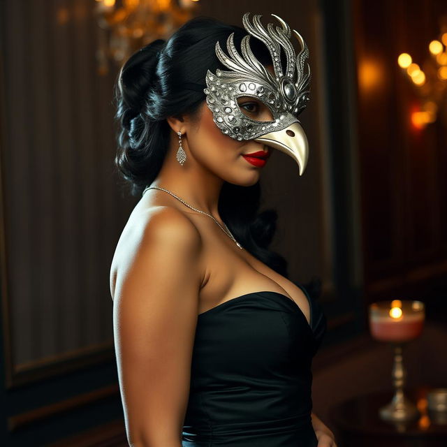 A tall woman with a Mixed Asian-Latina complexion at a masquerade, standing at 6'1" and exuding grace