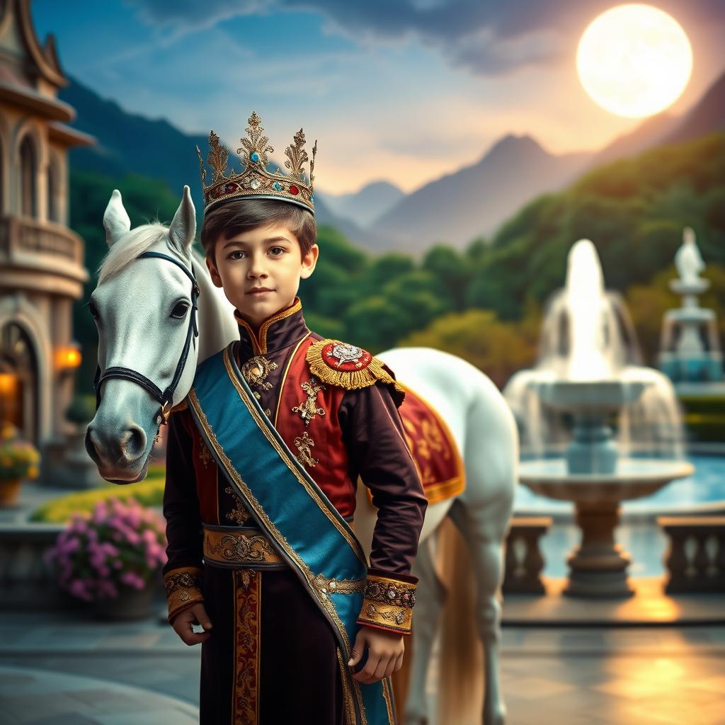 A young boy dressed in exquisite royal attire, featuring a shimmering crown and a beautifully detailed sash, stands confidently in the foreground of an opulent mansion scene, illuminated by a soft, glowing moonlit sky