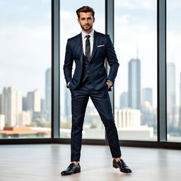 A stylish scene featuring a person in formal attire, which includes a well-fitted navy blue suit, a crisp white dress shirt, and a sleek black tie