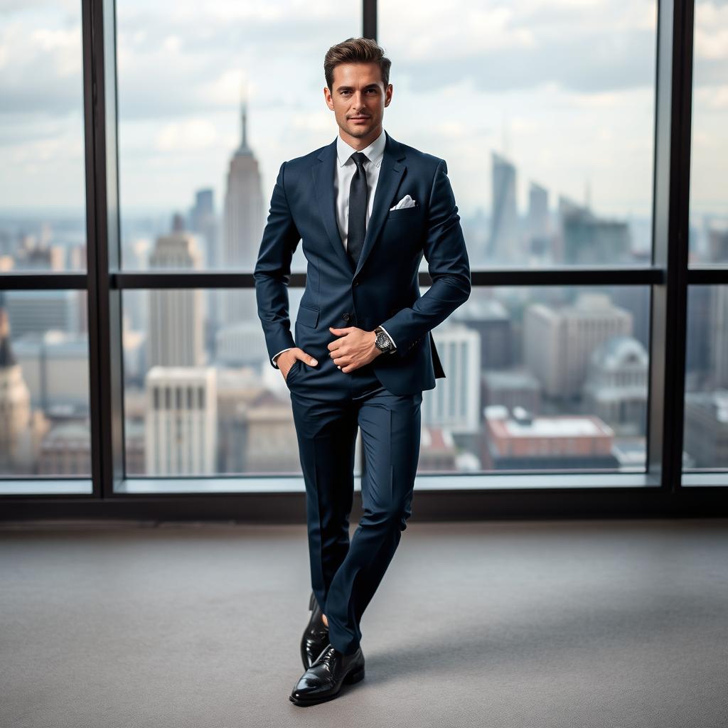 A stylish scene featuring a person in formal attire, which includes a well-fitted navy blue suit, a crisp white dress shirt, and a sleek black tie