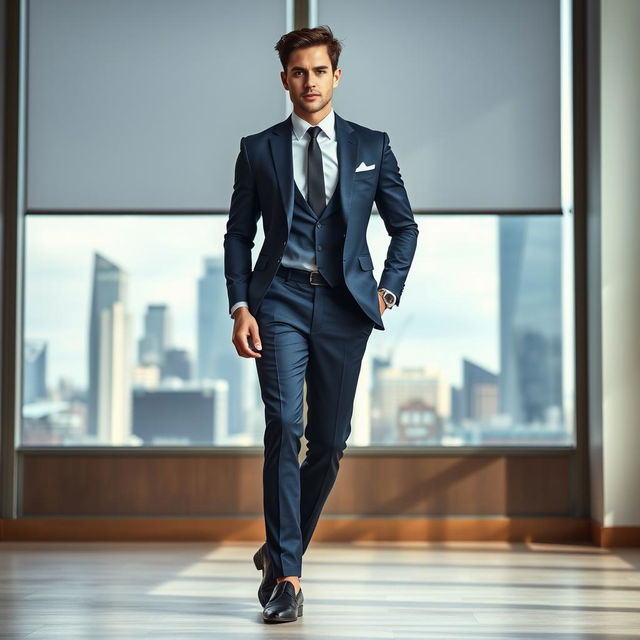 A stylish scene featuring a person in formal attire, which includes a well-fitted navy blue suit, a crisp white dress shirt, and a sleek black tie