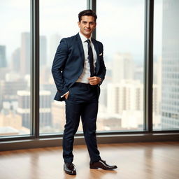 A stylish scene featuring a person in formal attire, which includes a well-fitted navy blue suit, a crisp white dress shirt, and a sleek black tie