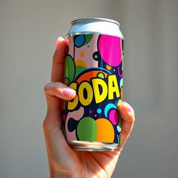 A close-up of a hand gently holding a colorful soda can, illustrated in a vibrant and playful style