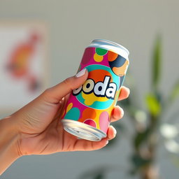 A close-up of a hand gently holding a colorful soda can, illustrated in a vibrant and playful style