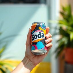 A close-up of a hand gently holding a colorful soda can, illustrated in a vibrant and playful style