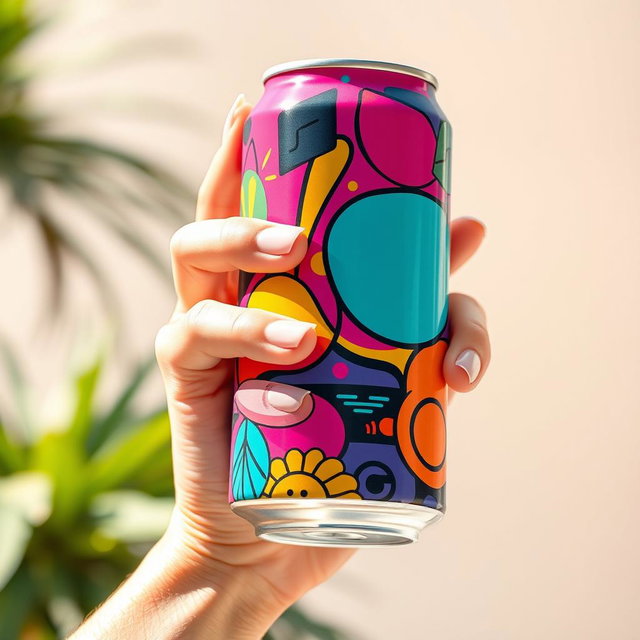 A close-up of a hand gently holding a colorful soda can, illustrated in a vibrant and playful style