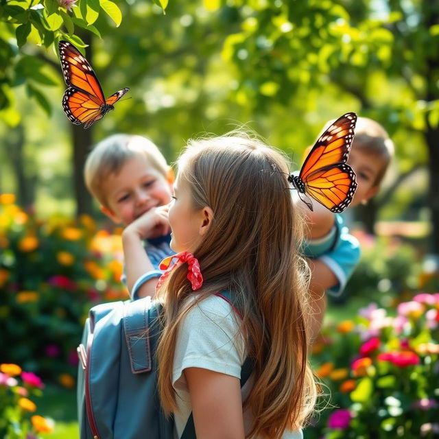 A butterfly flying towards a girl's hair tie, with a boy behind her lifting the girl's backpack
