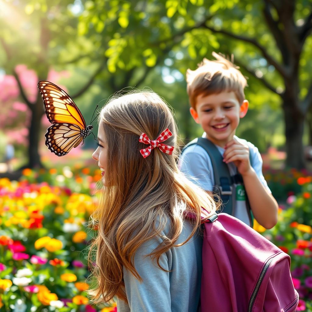 A butterfly flying towards a girl's hair tie, with a boy behind her lifting the girl's backpack