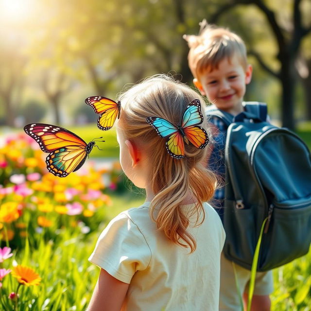 A whimsical scene featuring a colorful butterfly gracefully flying towards a little girl's hair tie, which is adorned with a bright and cheerful design