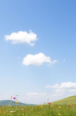 A serene landscape featuring passing fluffy white clouds drifting across a bright blue sky