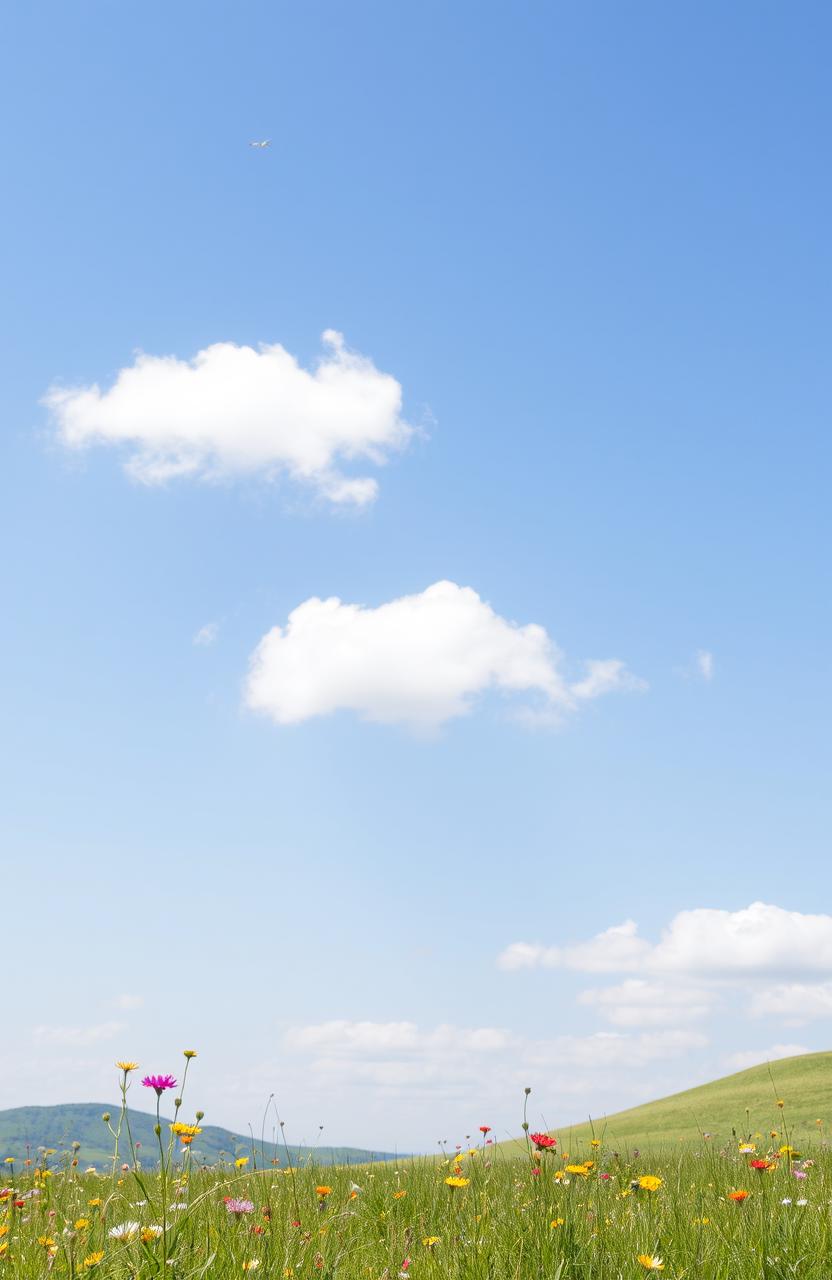 A serene landscape featuring passing fluffy white clouds drifting across a bright blue sky